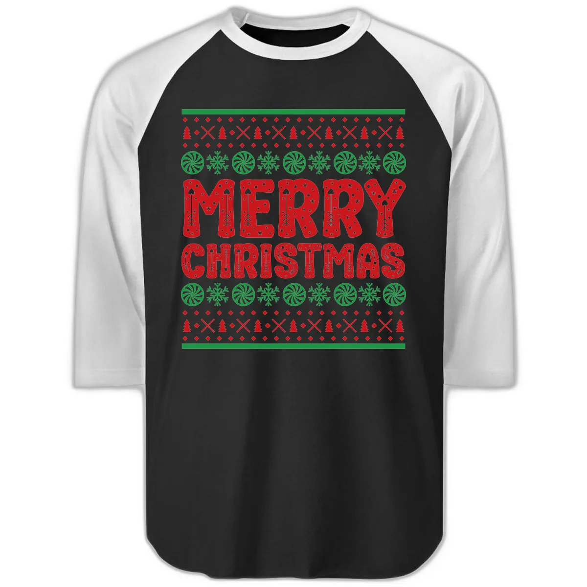 Merry Christmas Ugly Sweater Design Raglan 3/4 in Black White