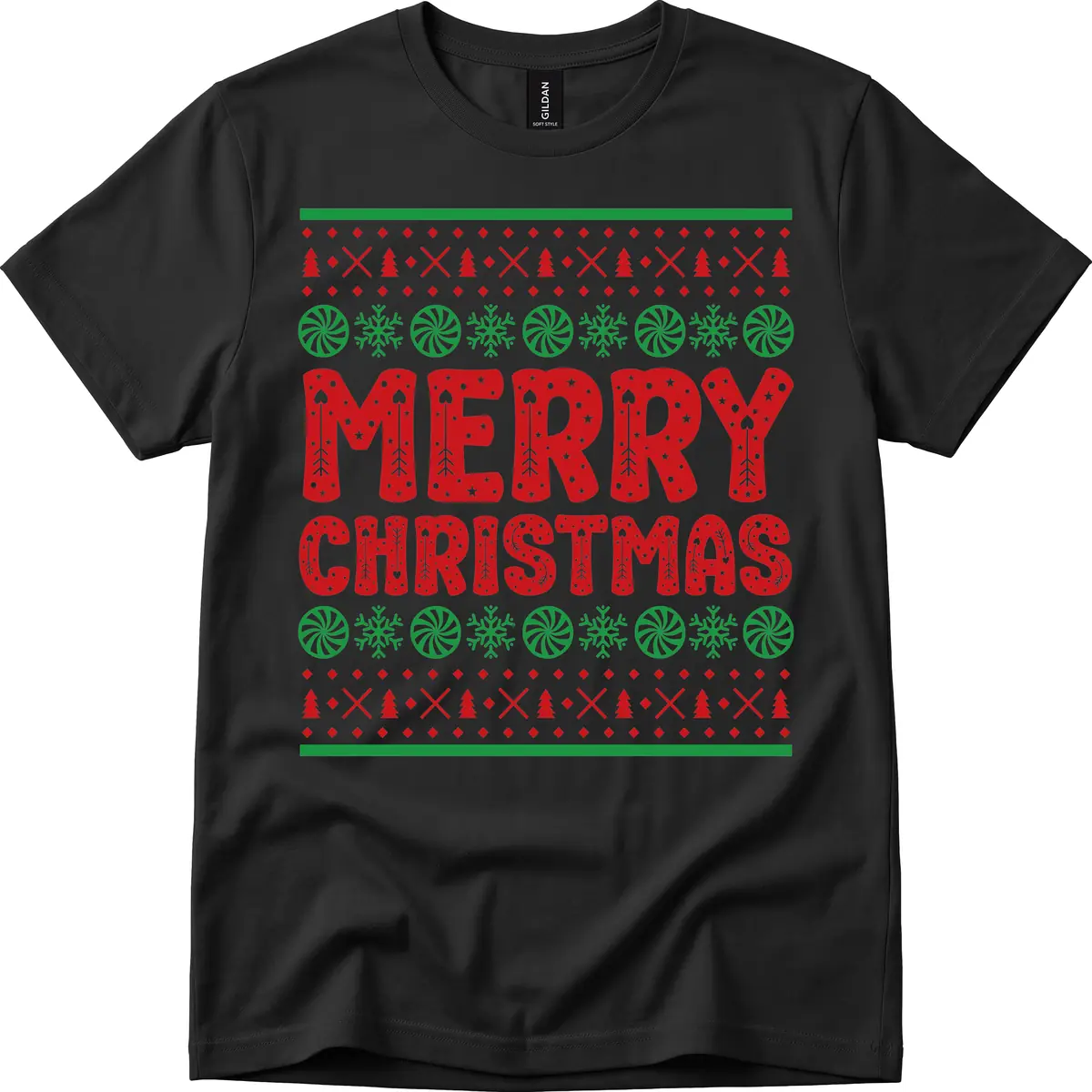 Merry Christmas Ugly Sweater Design T-Shirt in Black