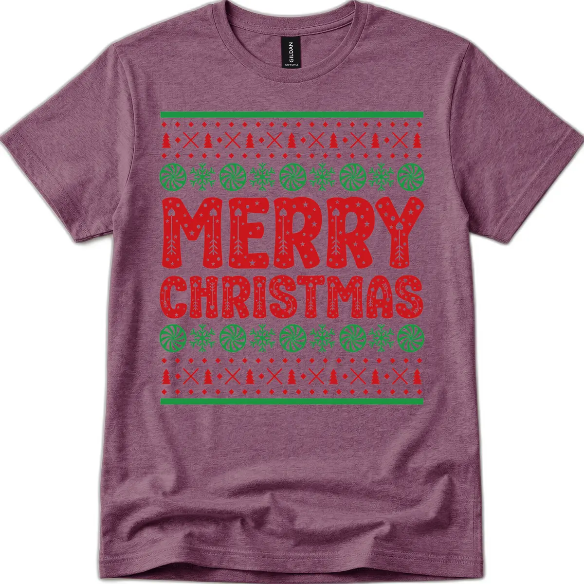 Merry Christmas Ugly Sweater Design T-Shirt in Heather Maroon