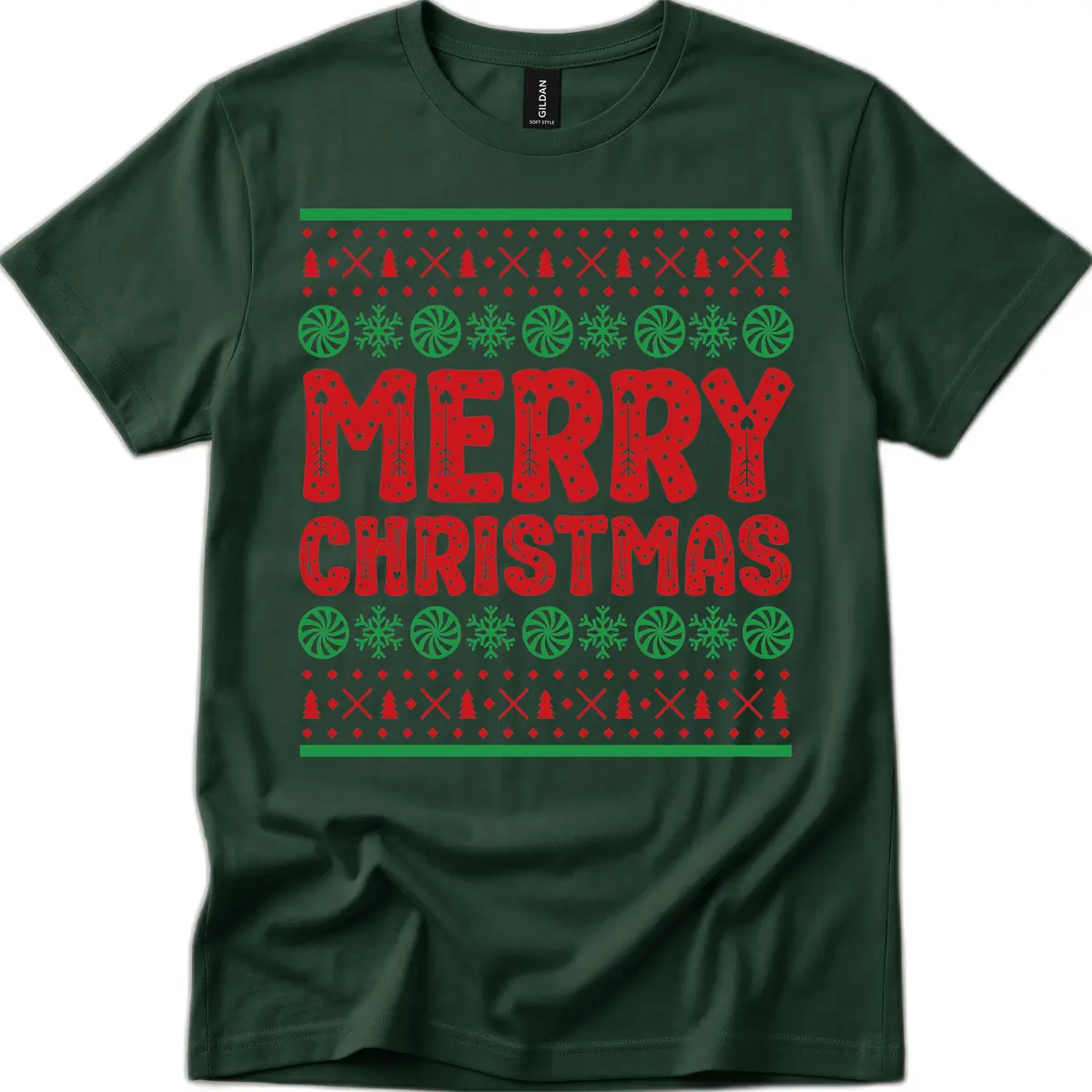 Merry Christmas Ugly Sweater Design T-Shirt in Forest Green