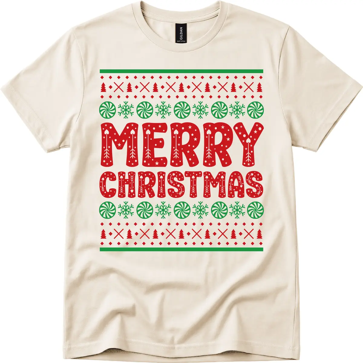 Merry Christmas Ugly Sweater Design T-Shirt in Natural