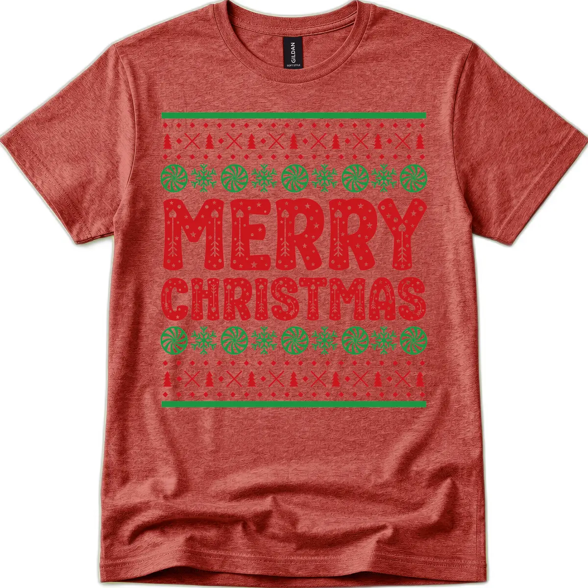 Merry Christmas Ugly Sweater Design T-Shirt in Heather Cardinal
