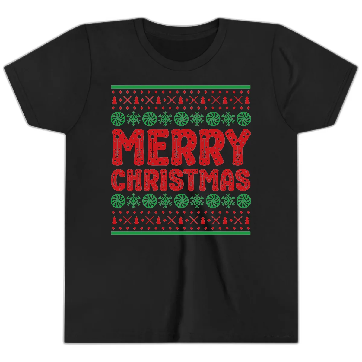 Merry Christmas Ugly Sweater Design Youth T-Shirt in Black