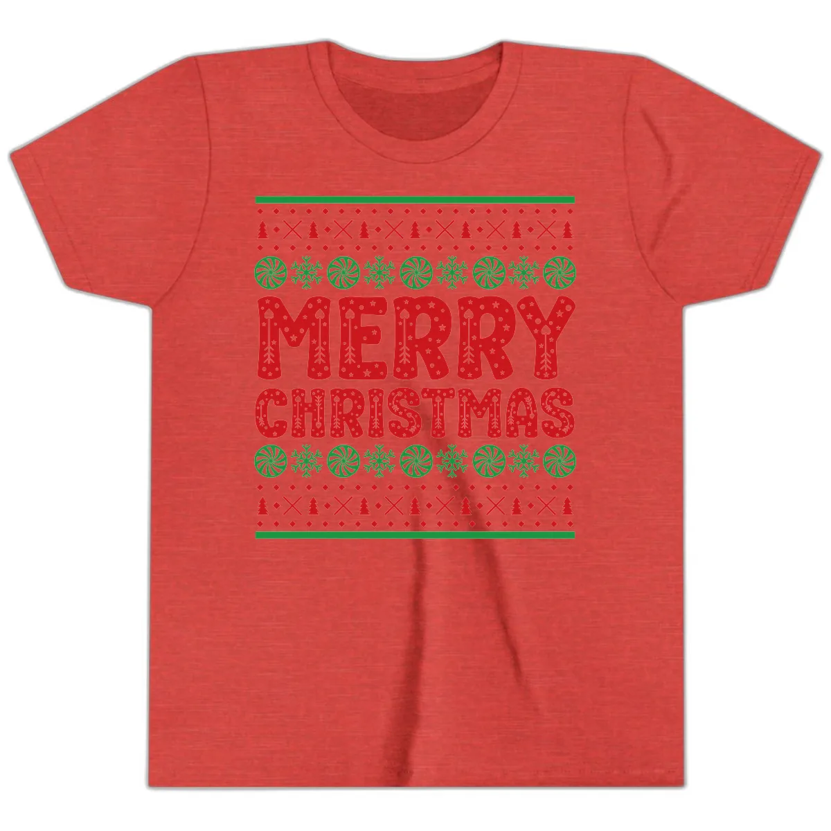 Merry Christmas Ugly Sweater Design Youth T-Shirt in Heather Red