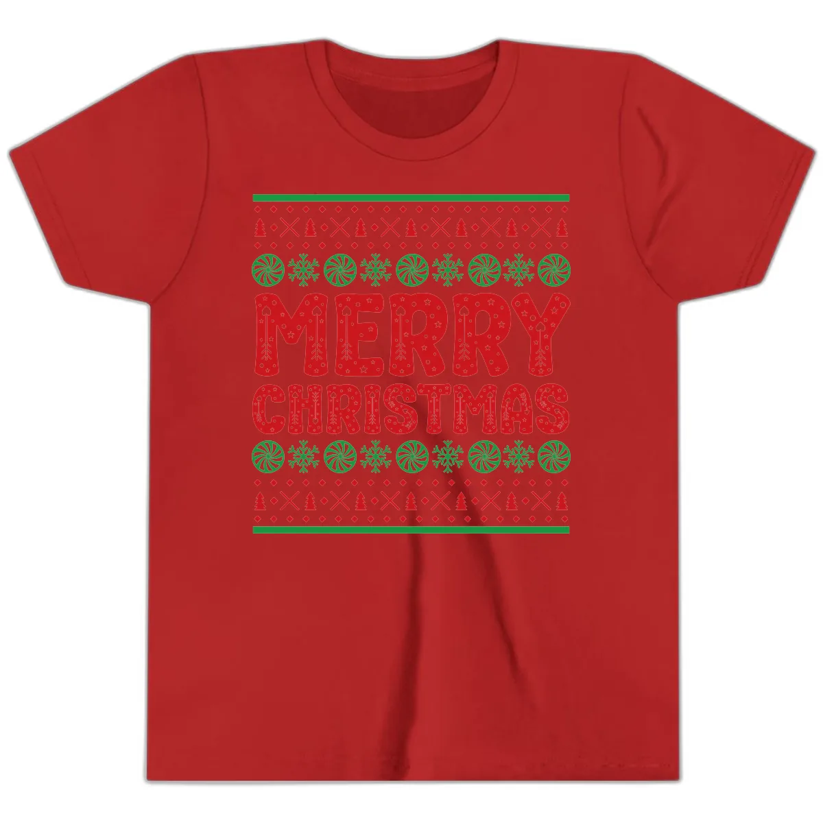 Merry Christmas Ugly Sweater Design Youth T-Shirt in Red