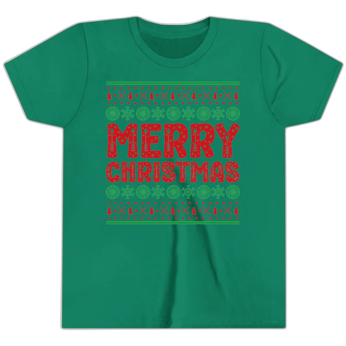 Merry Christmas Ugly Sweater Design Youth T-Shirt in Kelly