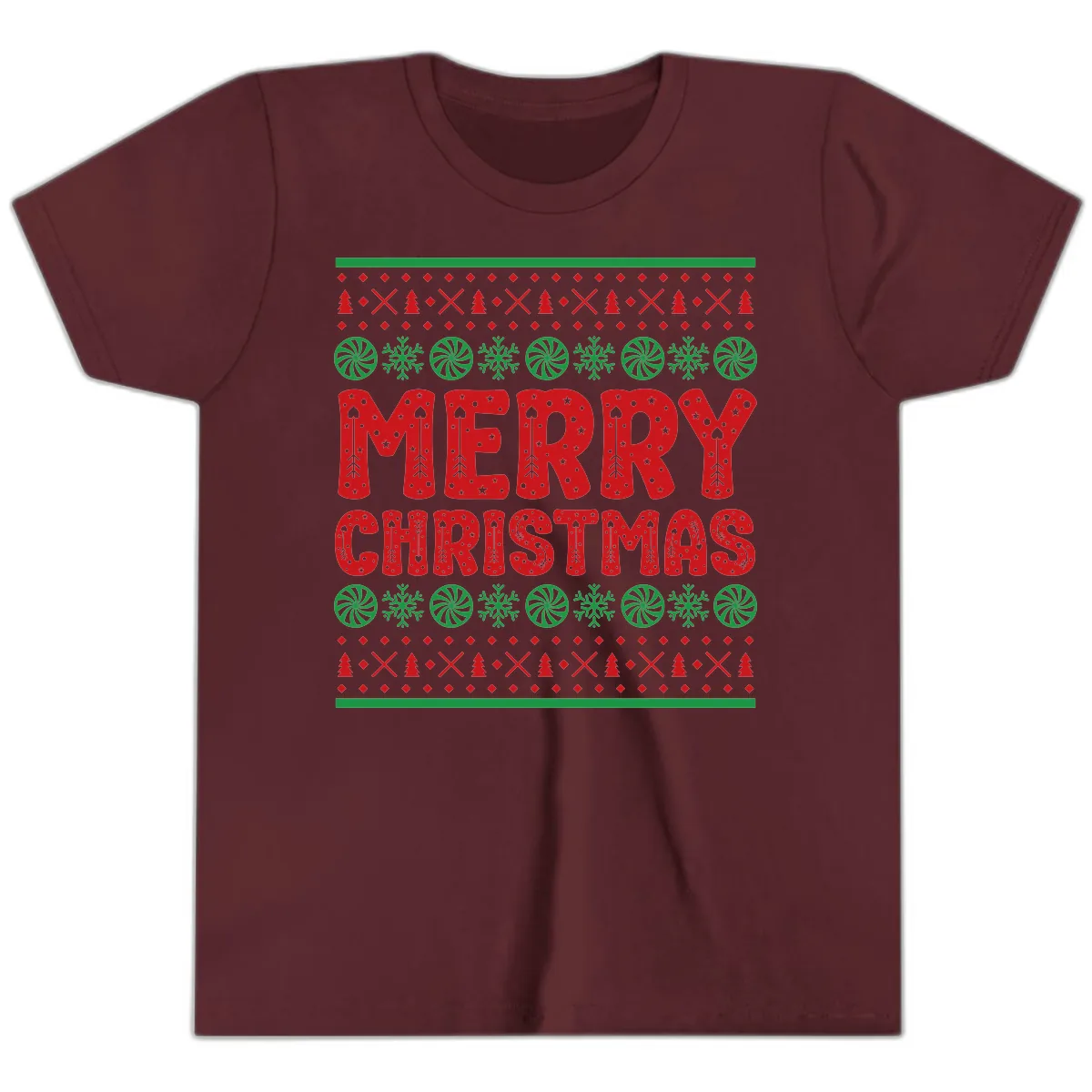Merry Christmas Ugly Sweater Design Youth T-Shirt in Maroon