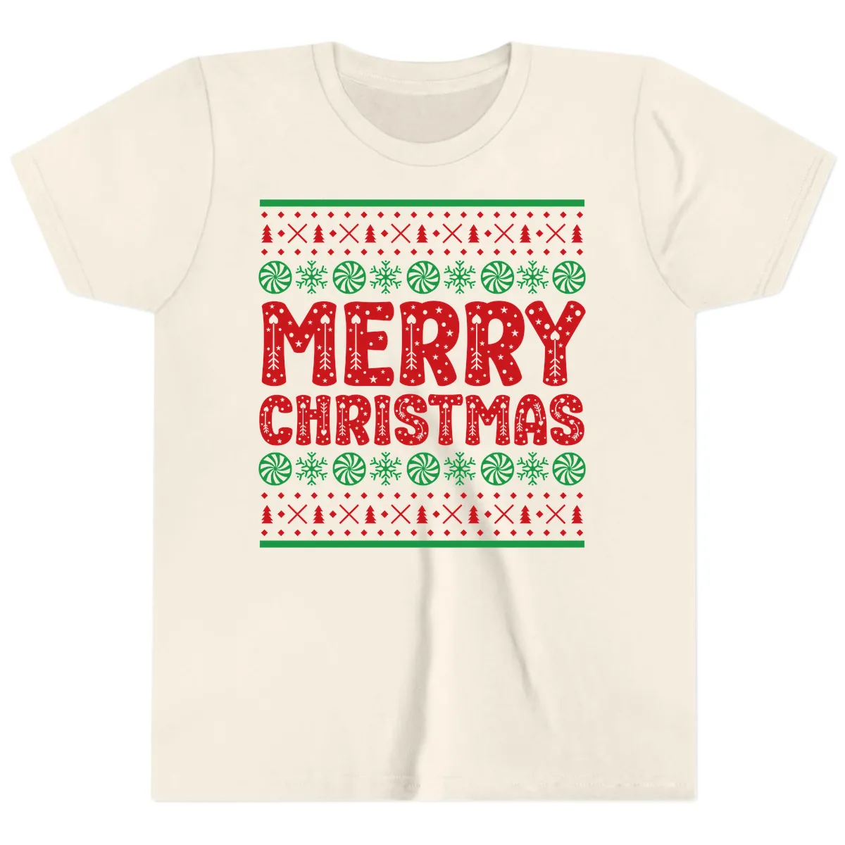 Merry Christmas Ugly Sweater Design Youth T-Shirt in Natural