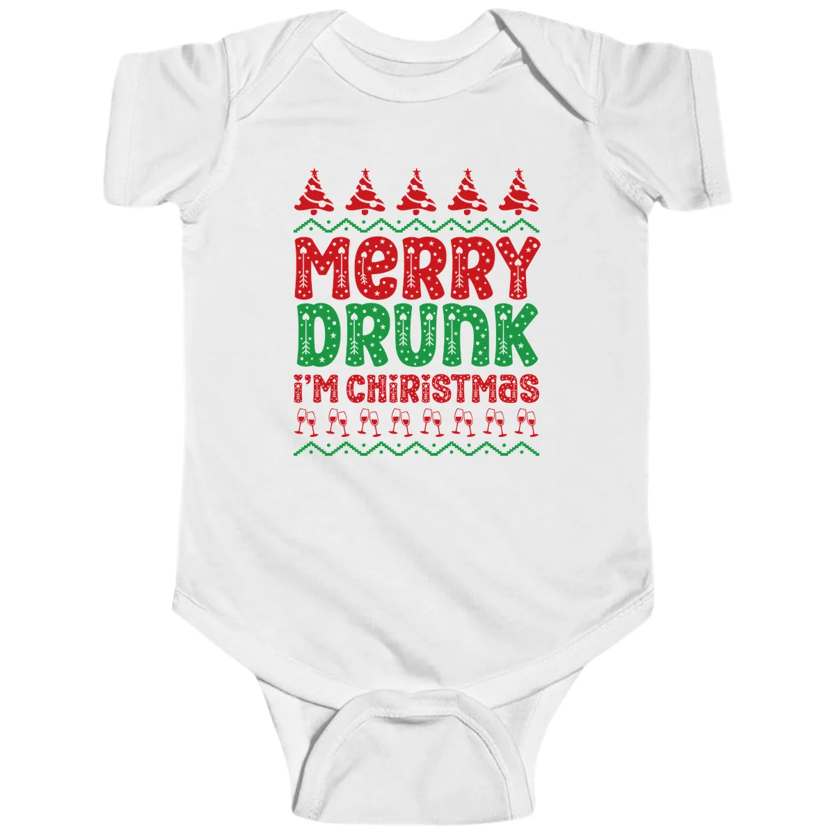Merry Drunk I'm Christmas Ugly Sweater Baby Onesie in White
