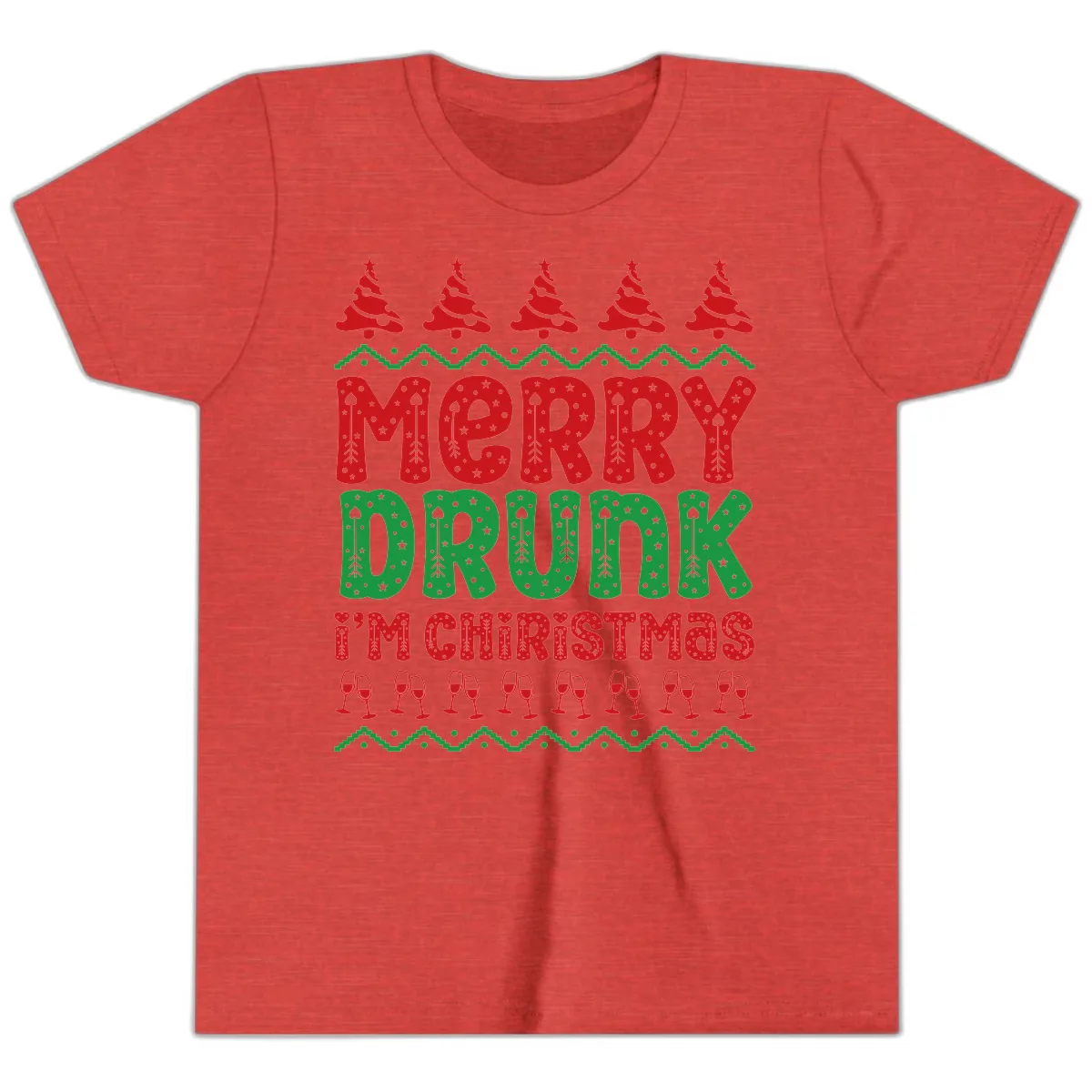Merry Drunk I'm Christmas Ugly Sweater Youth T-Shirt in Heather Red