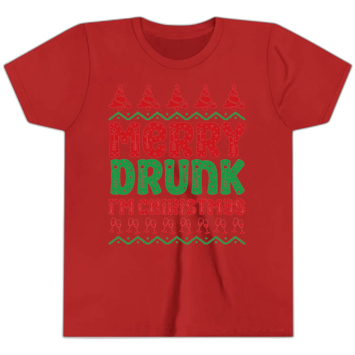 Merry Drunk I'm Christmas Ugly Sweater Youth T-Shirt in Red