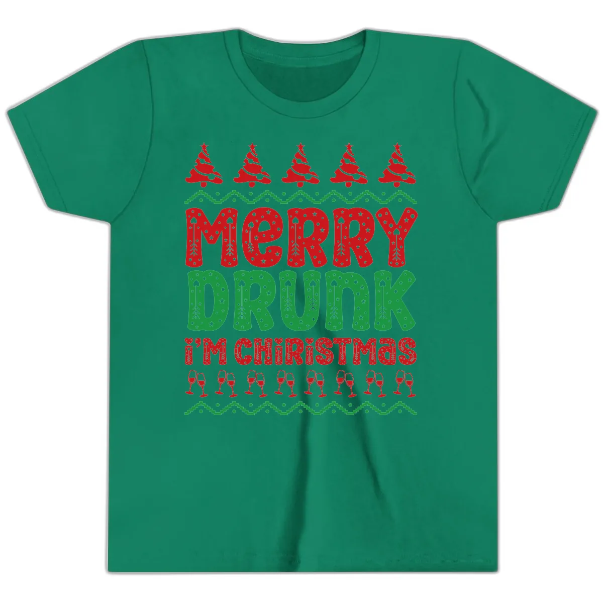 Merry Drunk I'm Christmas Ugly Sweater Youth T-Shirt in Kelly