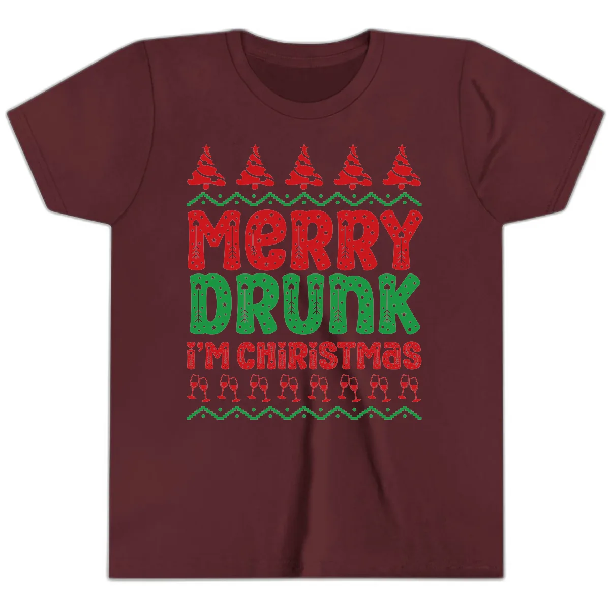 Merry Drunk I'm Christmas Ugly Sweater Youth T-Shirt in Maroon