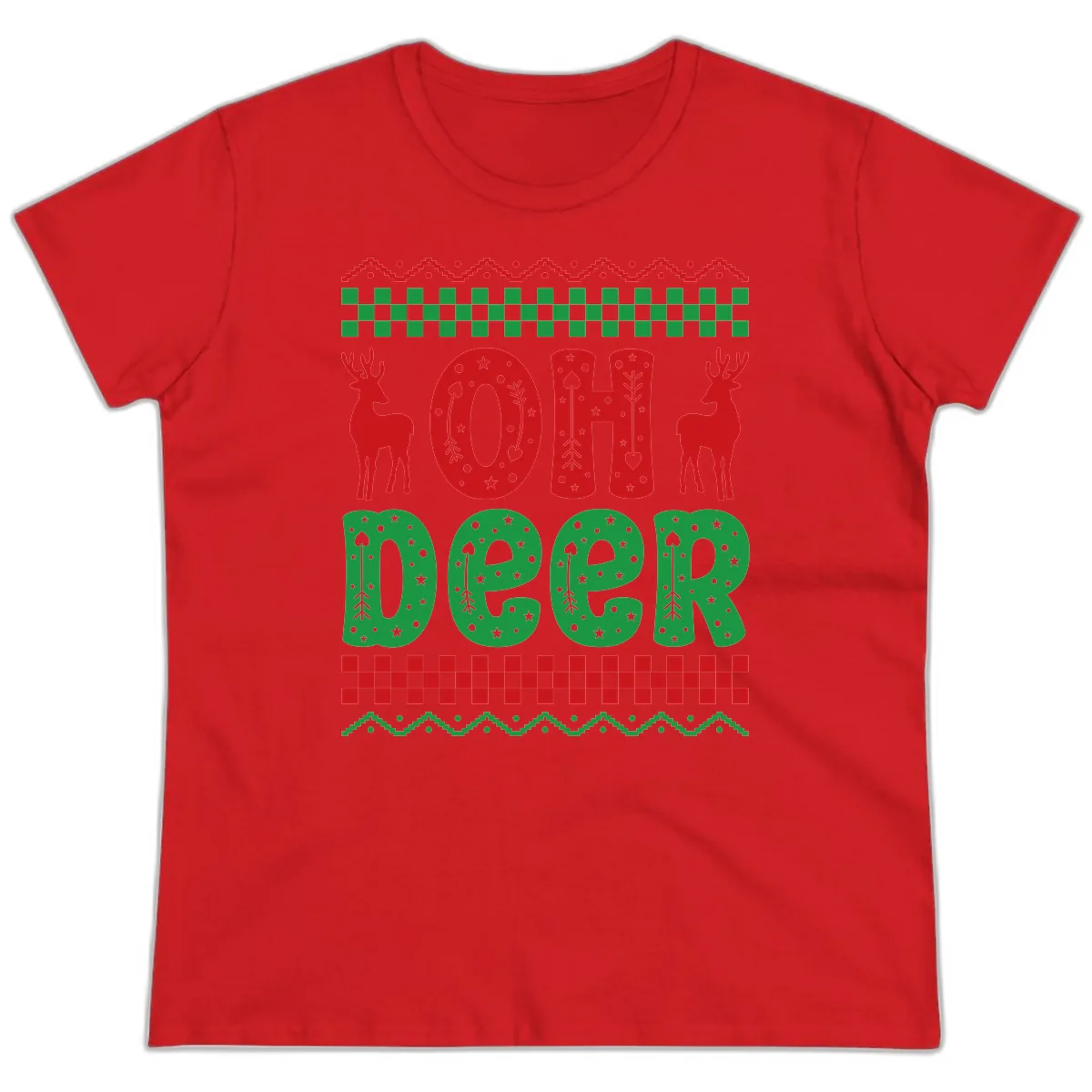 Oh Deer Ugly Christmas Sweater Design Ladies Tee in Red