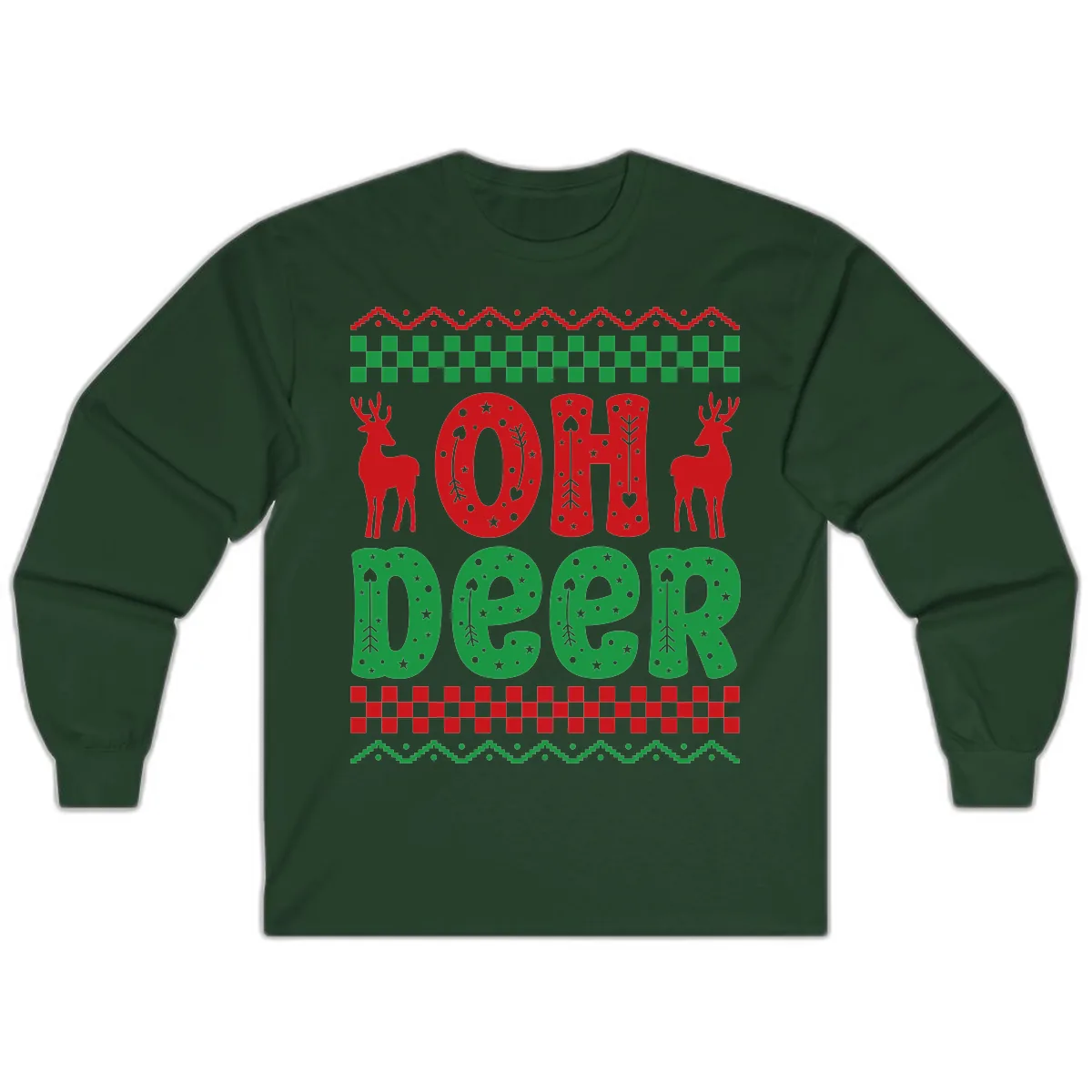 Oh Deer Ugly Christmas Sweater Design Long Sleeve in Forest Green