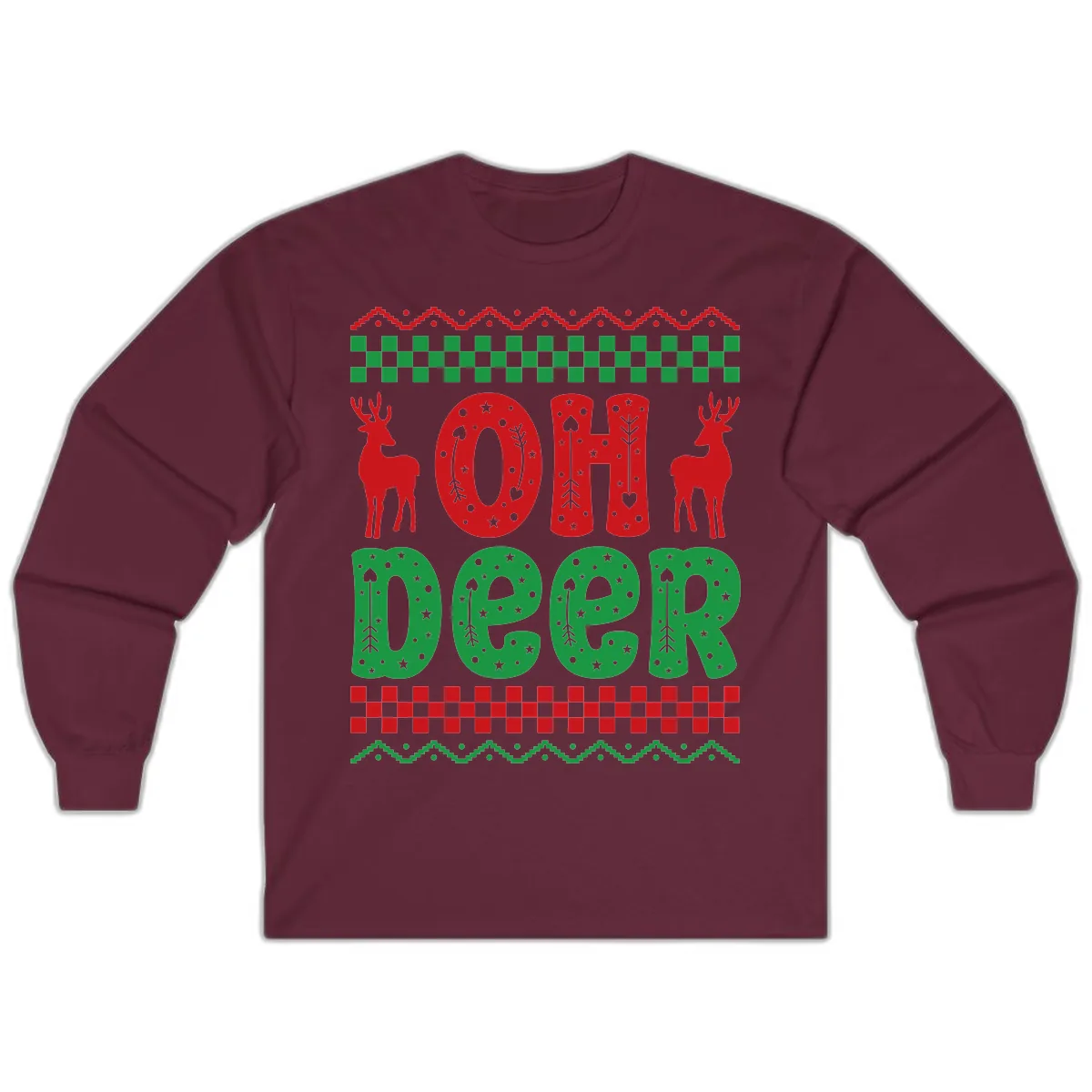 Oh Deer Ugly Christmas Sweater Design Long Sleeve in Maroon