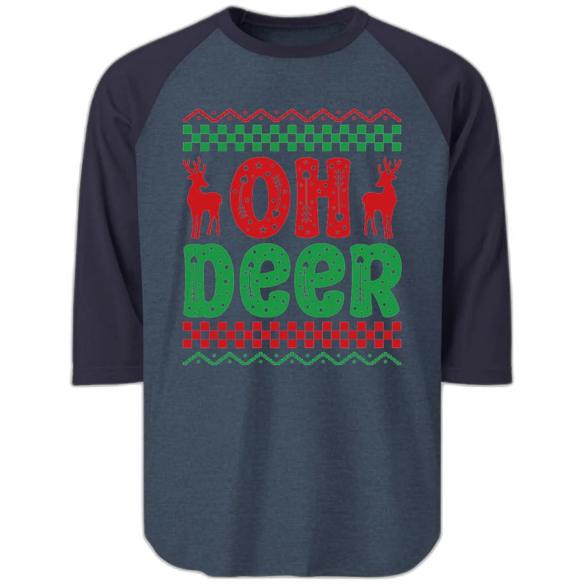 Oh Deer Ugly Christmas Sweater Design Raglan 3/4 in Heather Denim Navy