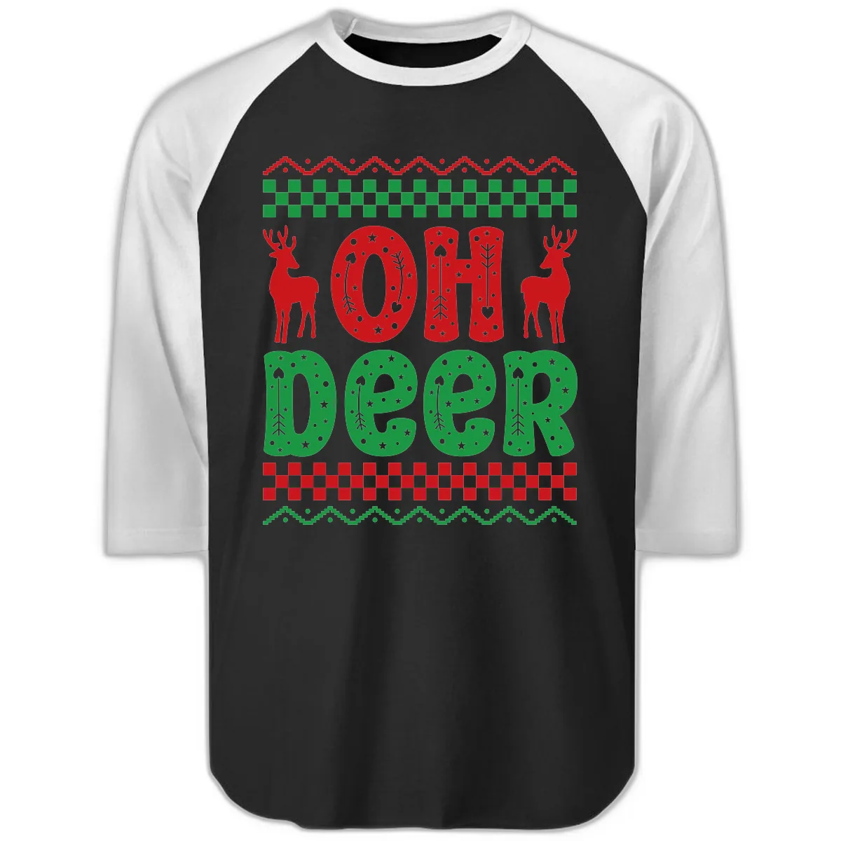 Oh Deer Ugly Christmas Sweater Design Raglan 3/4 in Black White