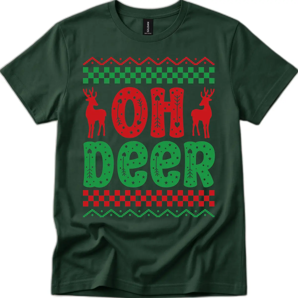 Oh Deer Ugly Christmas Sweater Design T-Shirt in Forest Green