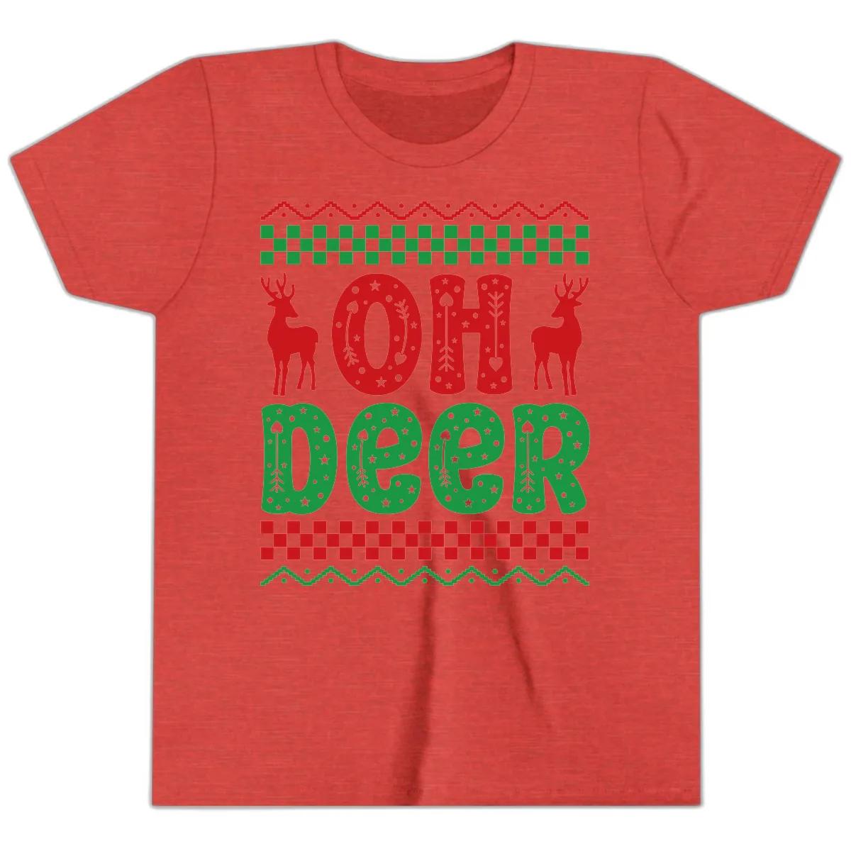 Oh Deer Ugly Christmas Sweater Design Youth T-Shirt in Heather Red