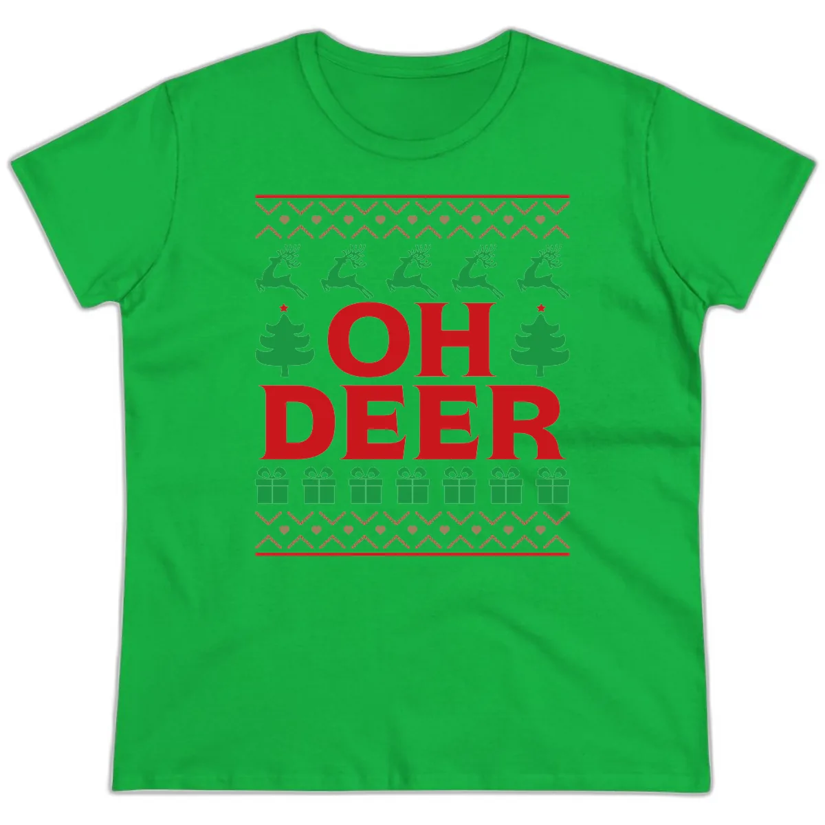 Oh Deer Ugly Christmas Sweater Design Ladies Tee in Irish Green