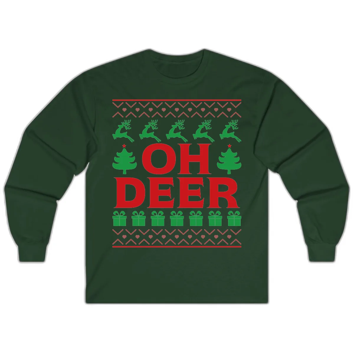 Oh Deer Ugly Christmas Sweater Design Long Sleeve in Forest Green
