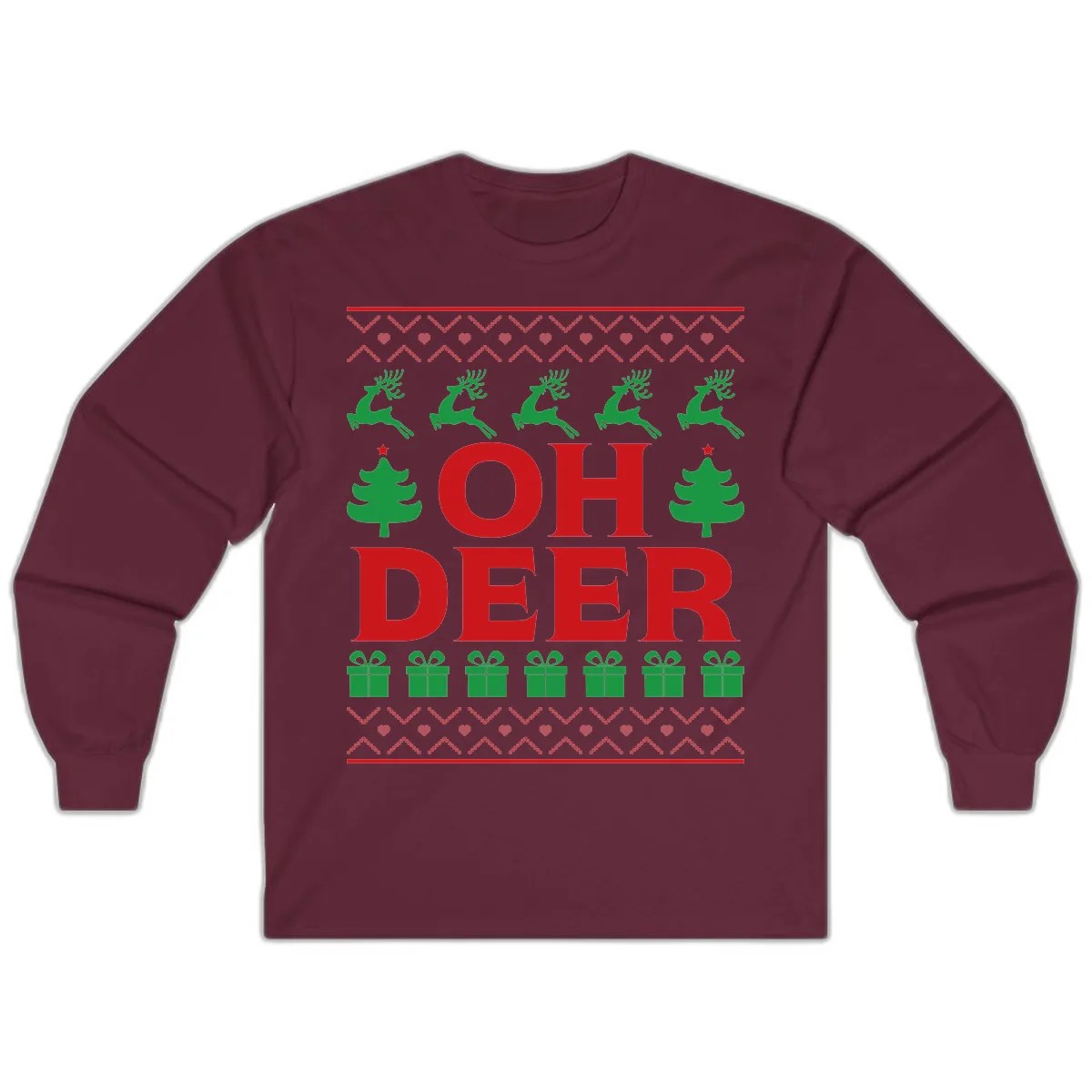 Oh Deer Ugly Christmas Sweater Design Long Sleeve in Maroon
