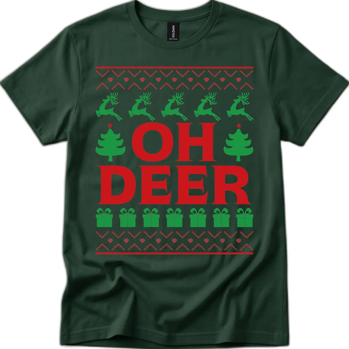 Oh Deer Ugly Christmas Sweater Design T-Shirt in Forest Green