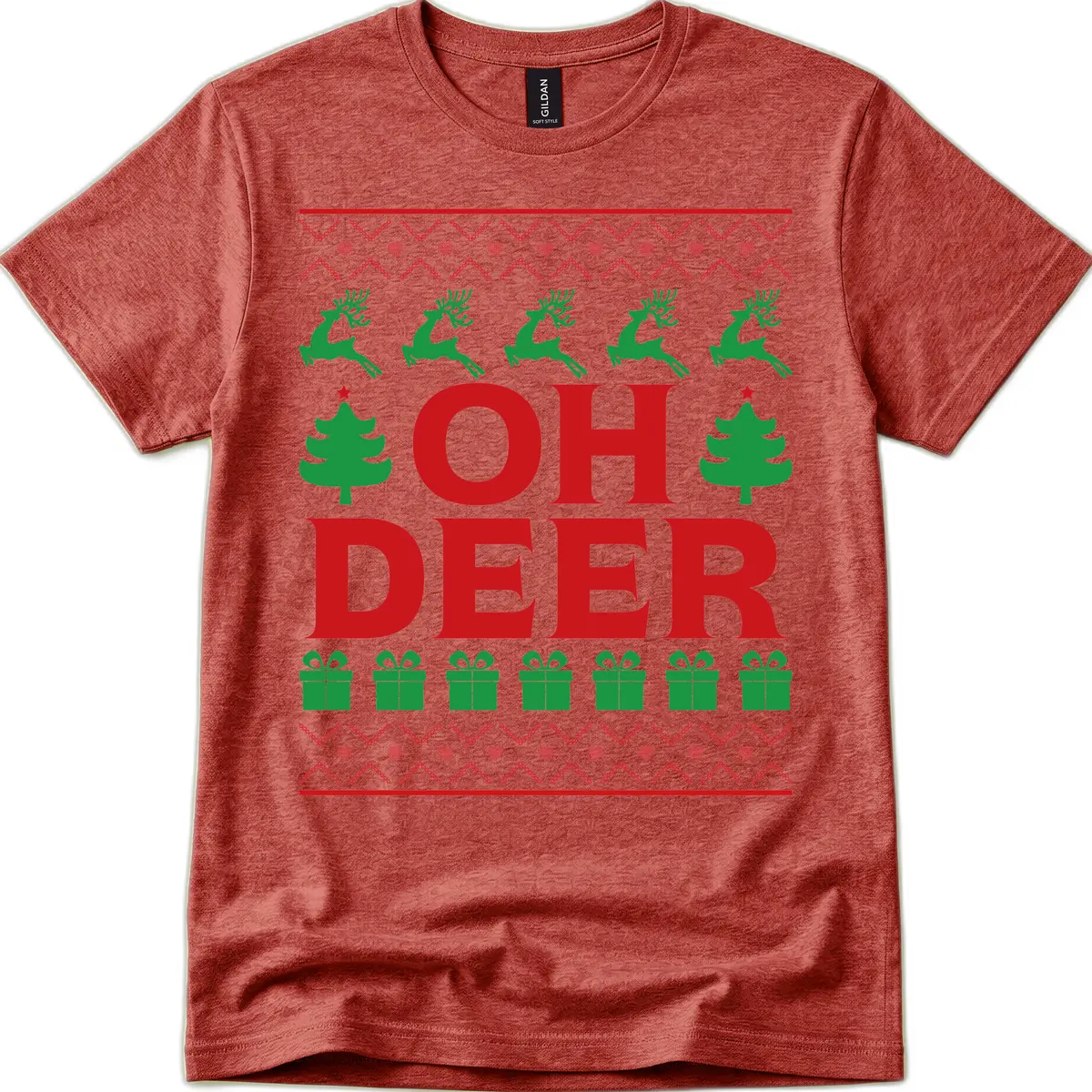 Oh Deer Ugly Christmas Sweater Design T-Shirt in Heather Cardinal