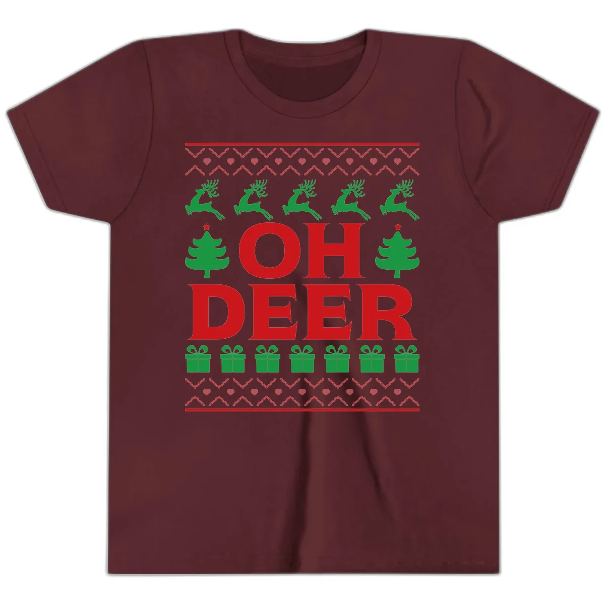 Oh Deer Ugly Christmas Sweater Design Youth T-Shirt in Maroon