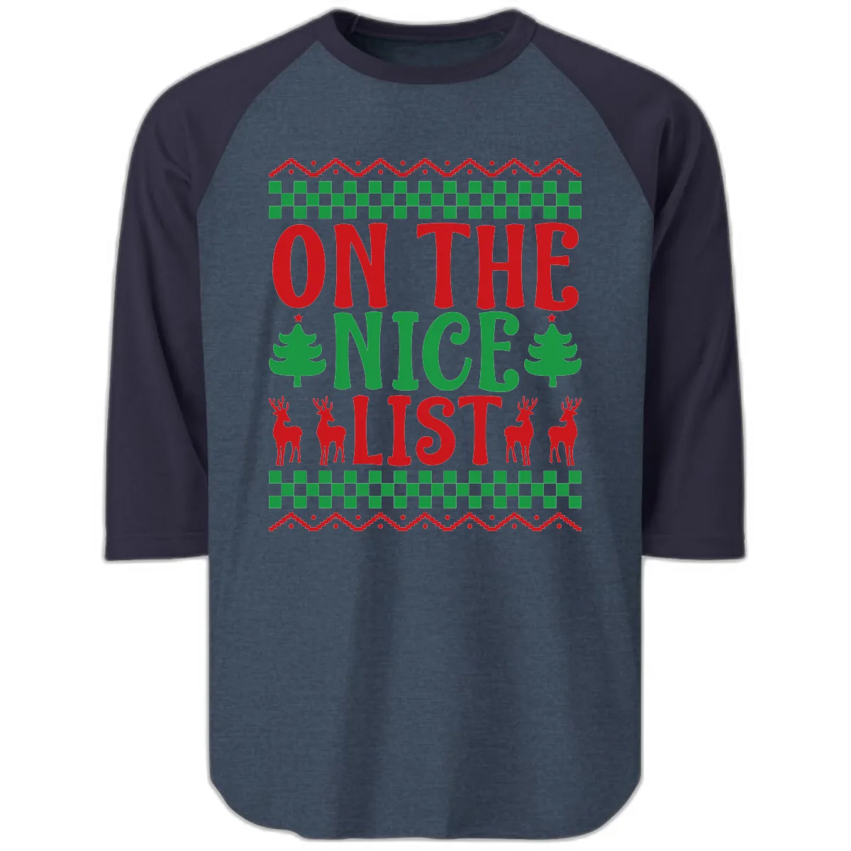 On The Nice List Christmas Raglan 3/4 in Heather Denim Navy