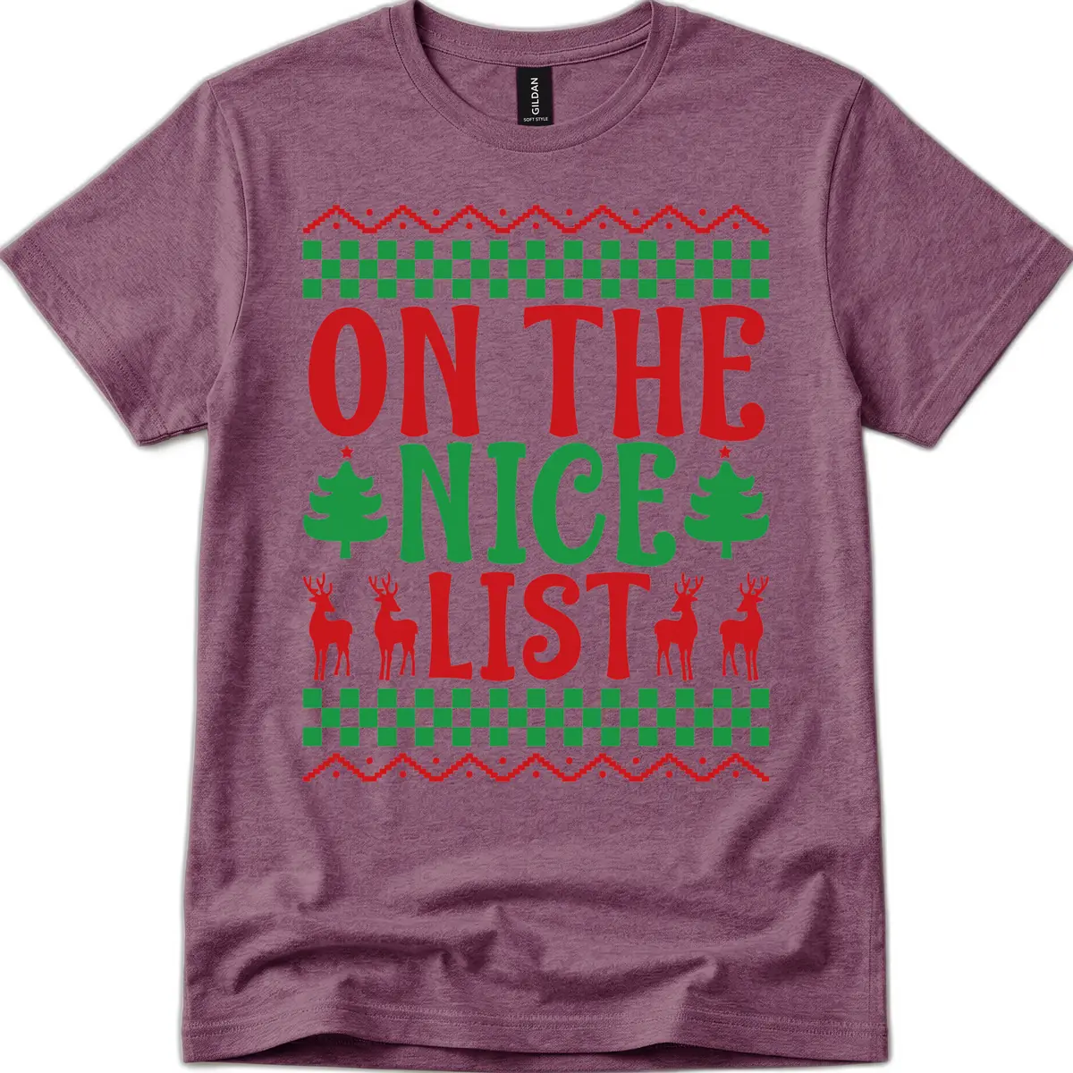 On The Nice List Christmas T-Shirt in Heather Maroon