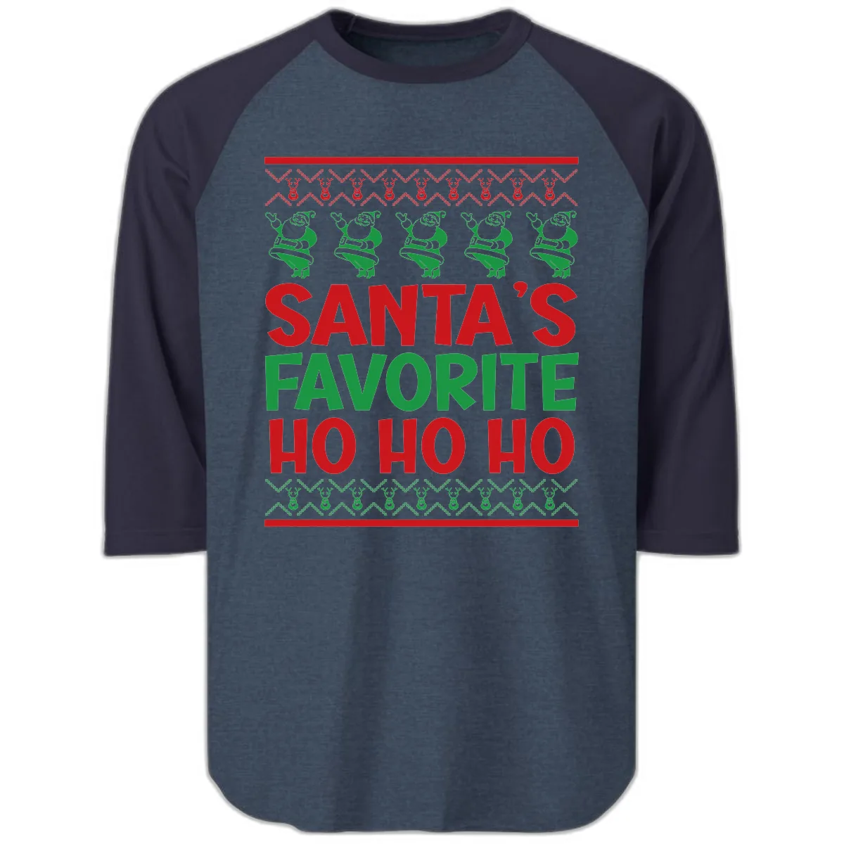 Santa's Favorite Ho Ho Ho T-Shirt Raglan 3/4 in Heather Denim Navy