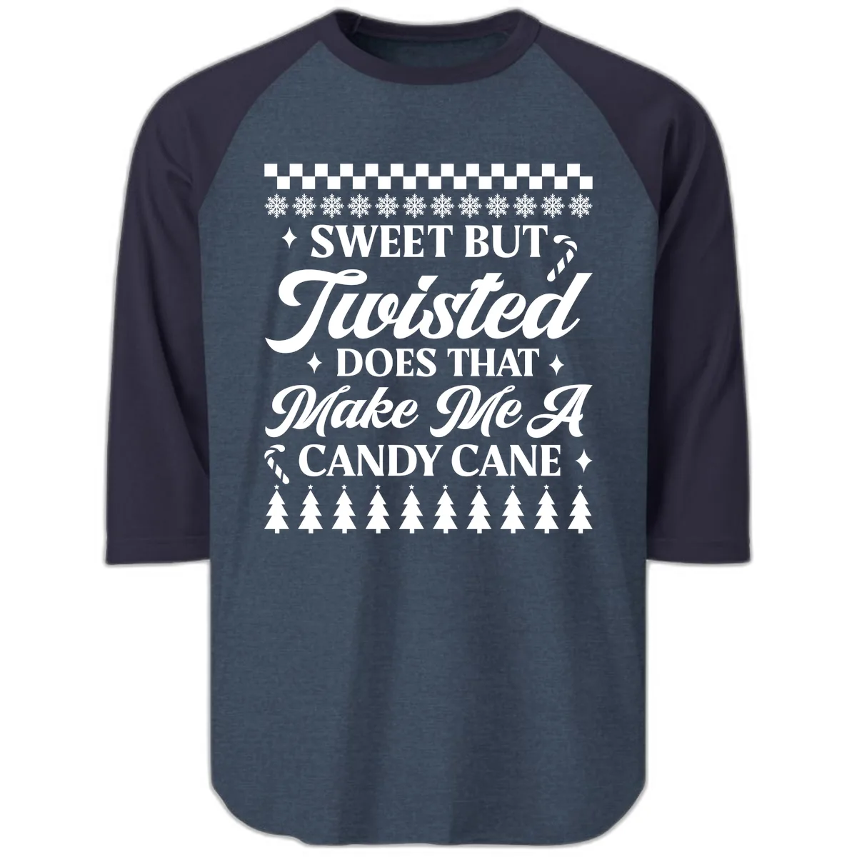 Sweet But Twisted Candy Cane Raglan 3/4 in Heather Denim Navy