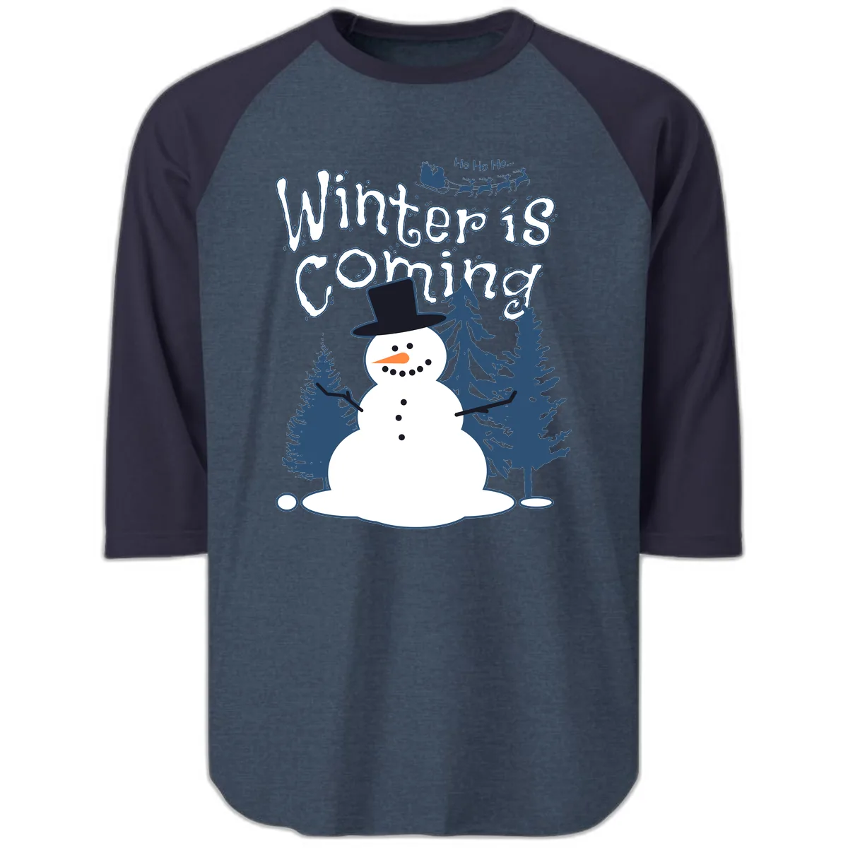 Winter Is Coming Snowman Raglan 3/4 in Heather Denim Navy