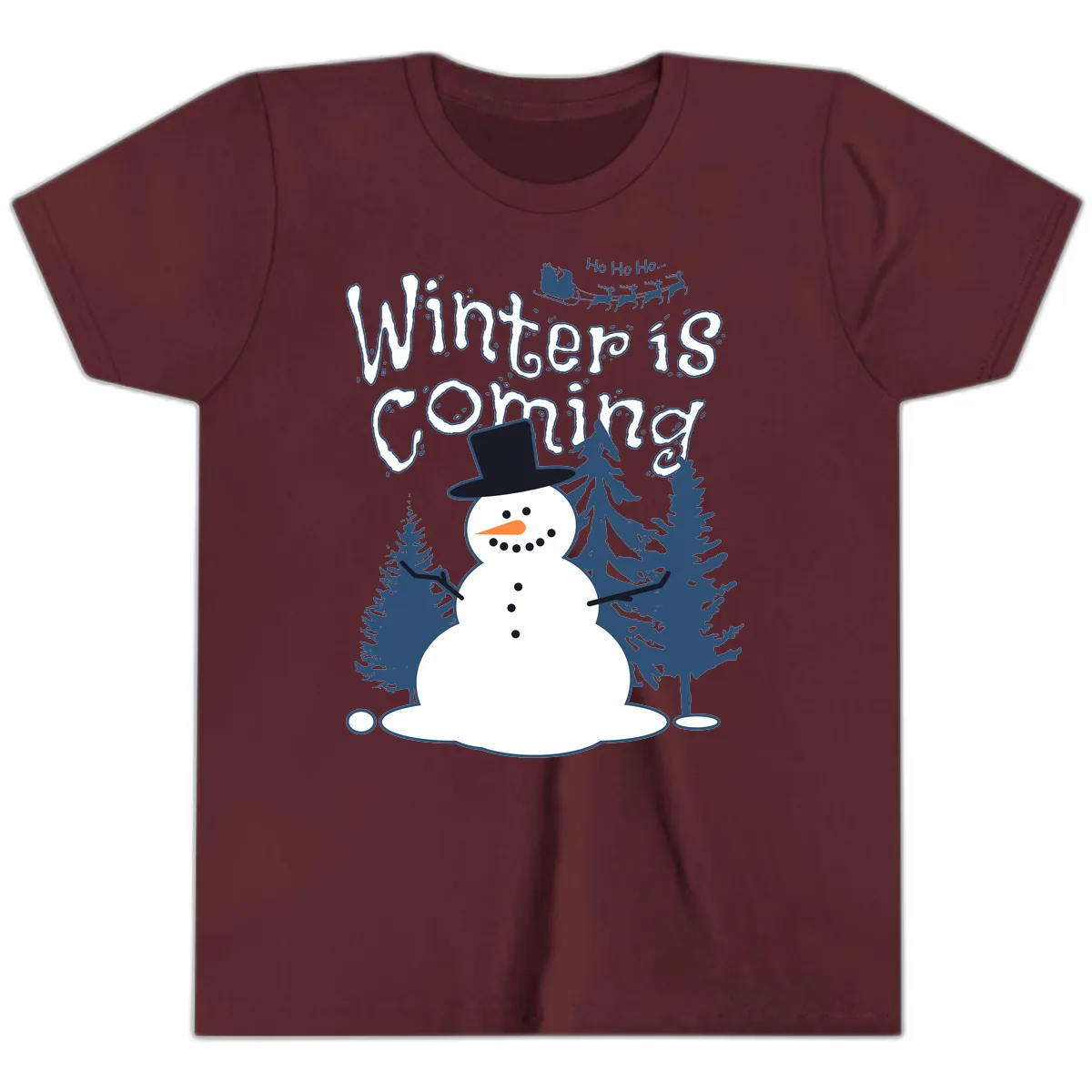 Winter Is Coming Snowman Youth T-Shirt in Maroon