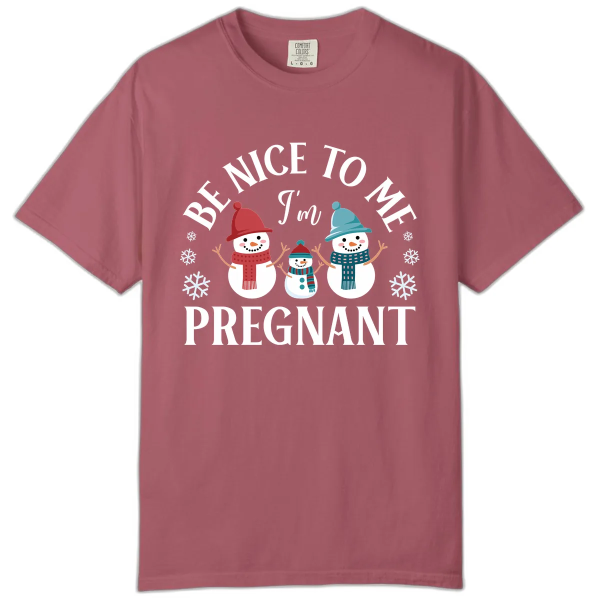 Be Nice To Me I'm Pregnant Snowman Family Comfort Color in Crimson