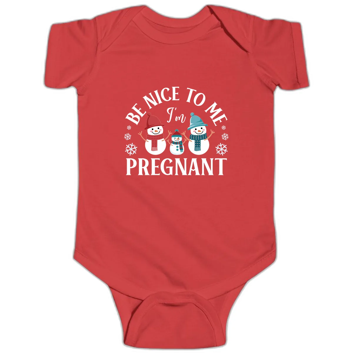Be Nice To Me I'm Pregnant Snowman Family Baby Onesie in Red