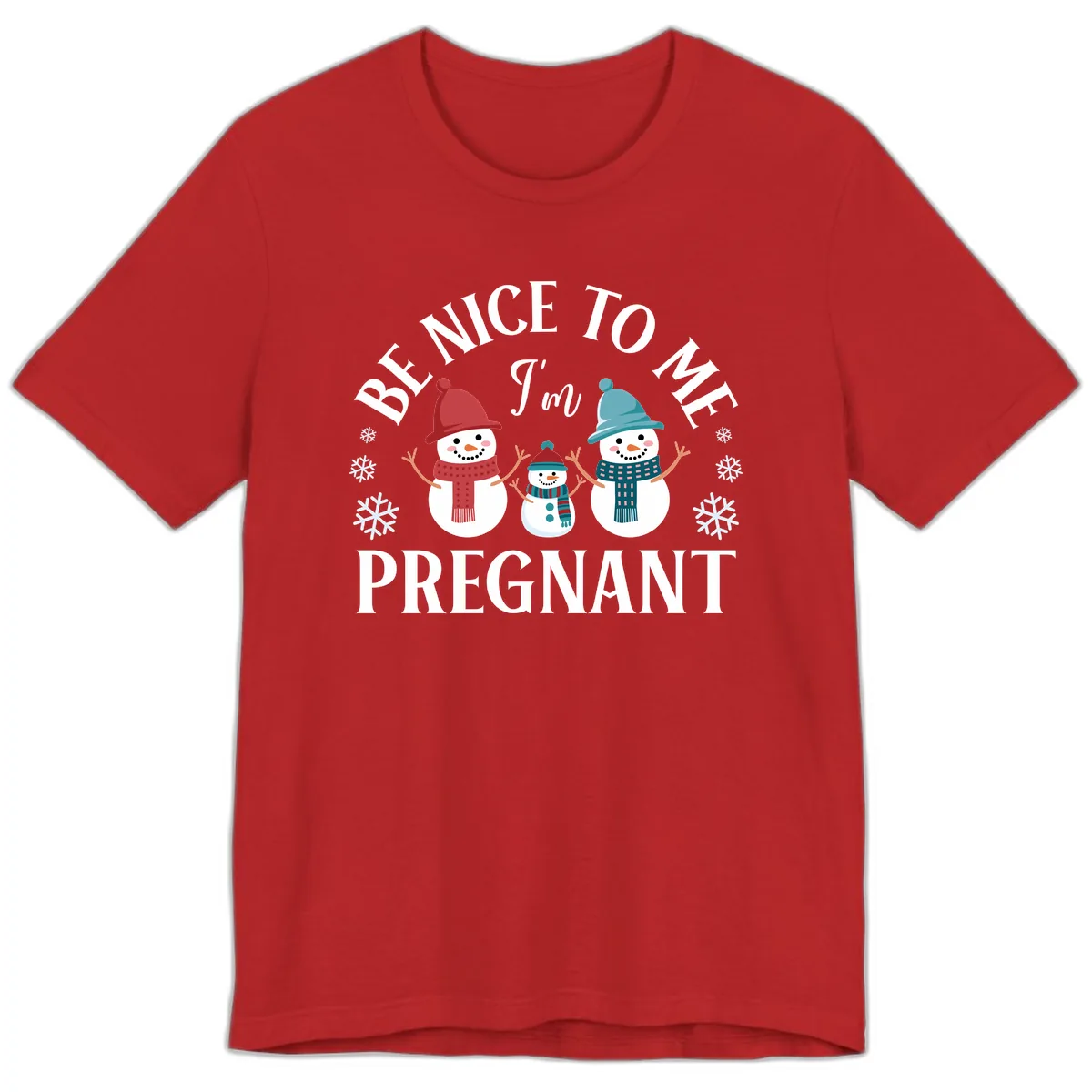 Be Nice To Me I'm Pregnant Snowman Family Premium T-Shirt in Red