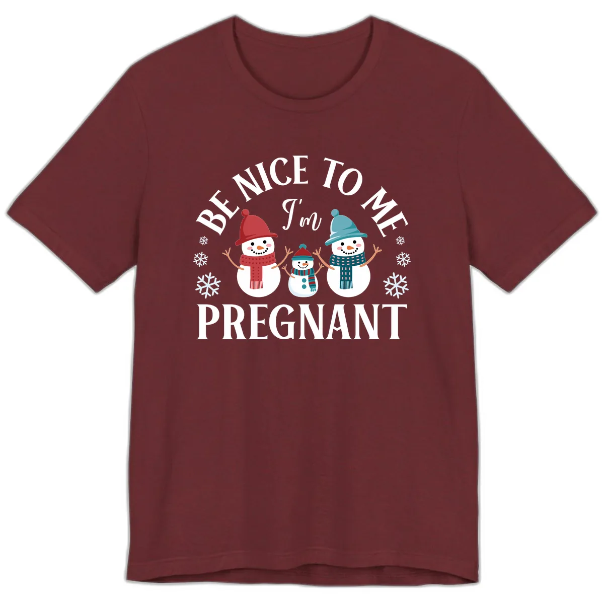 Be Nice To Me I'm Pregnant Snowman Family Premium T-Shirt in Heather Cardinal