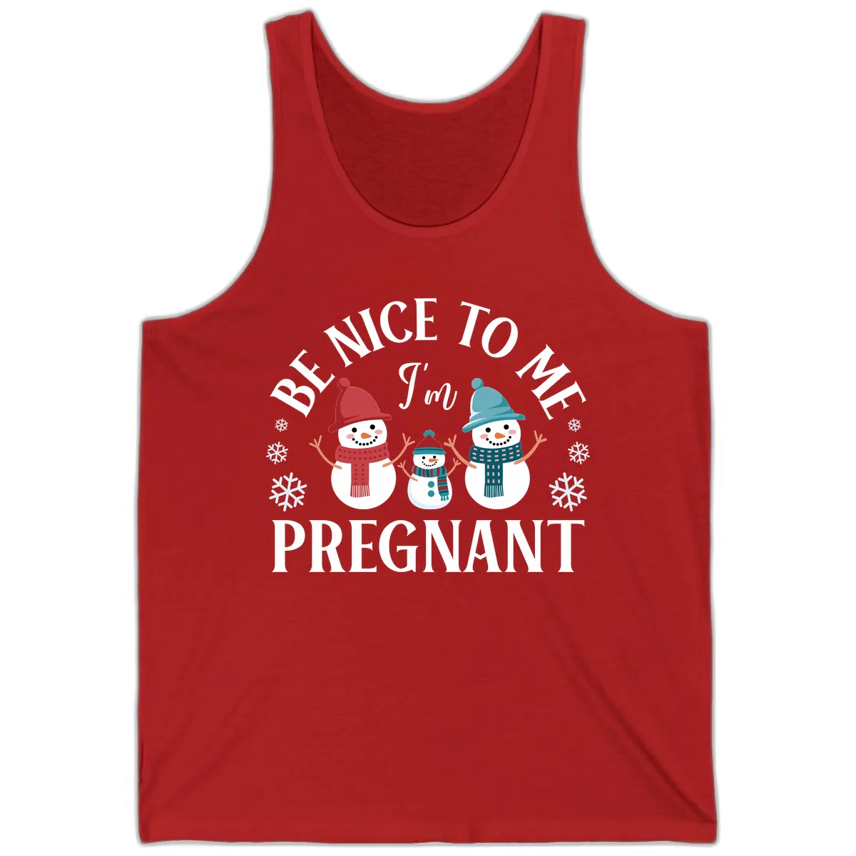 Be Nice To Me I'm Pregnant Snowman Family Tank in Red