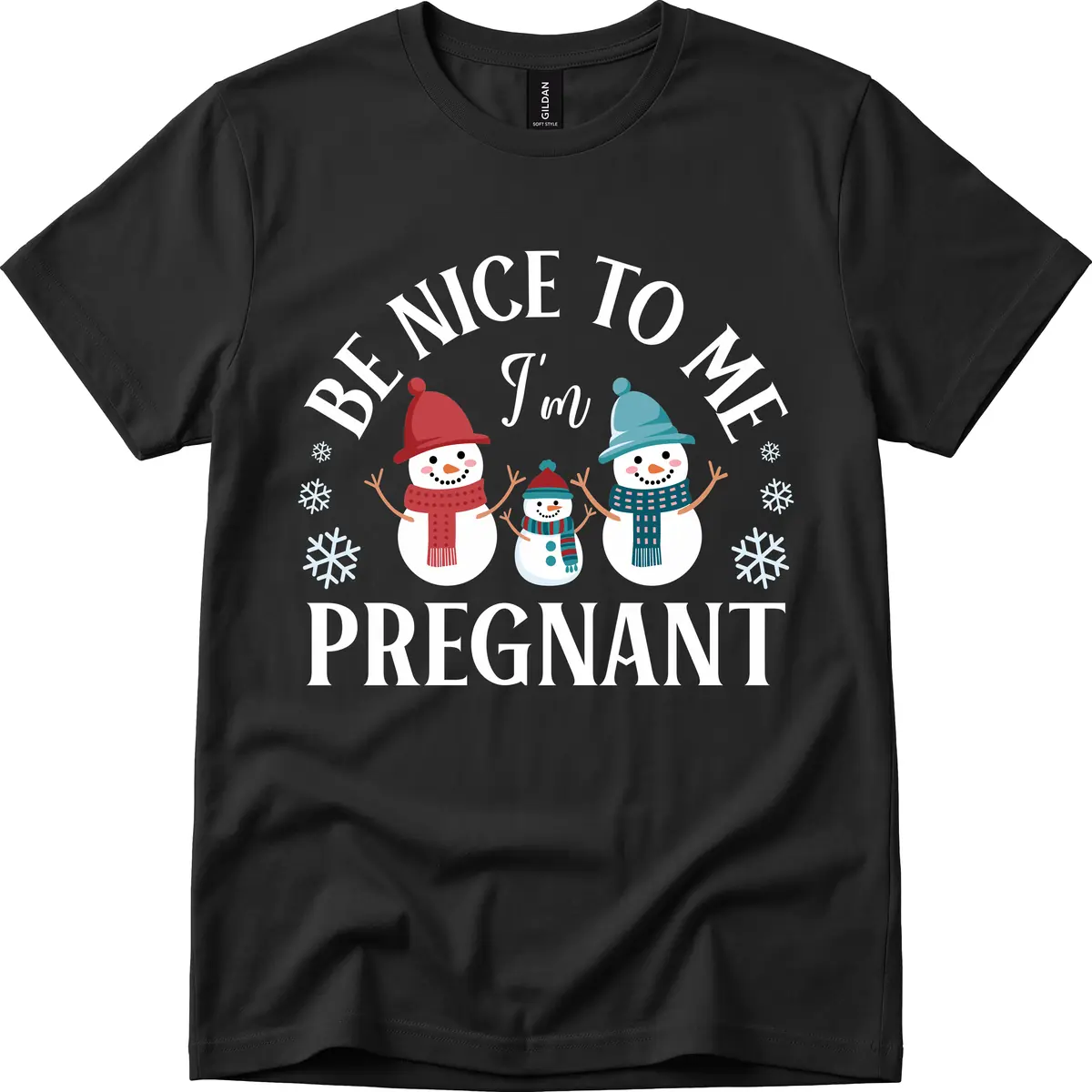 Be Nice To Me I'm Pregnant Snowman Family T-Shirt in Black