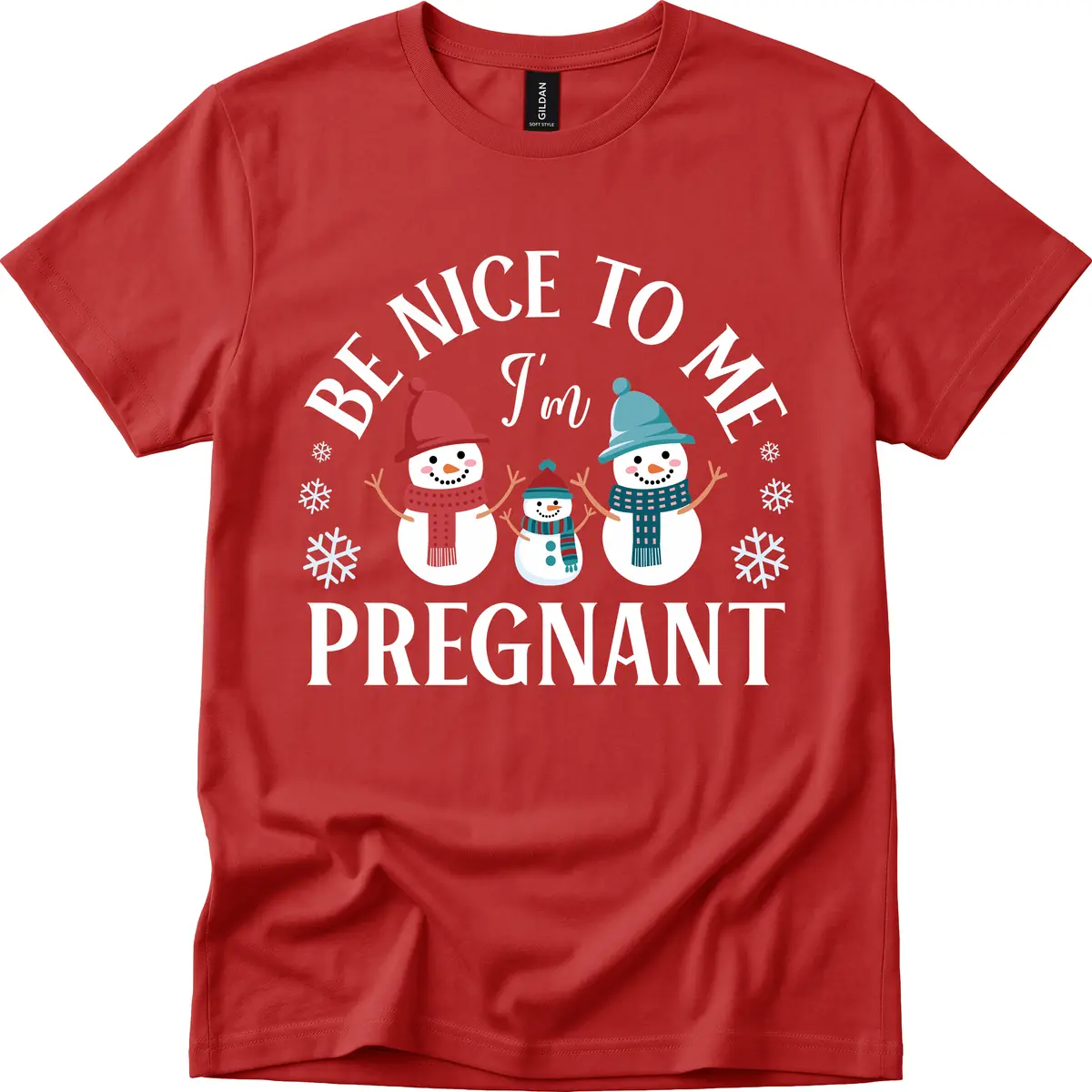 Be Nice To Me I'm Pregnant Snowman Family T-Shirt in Red