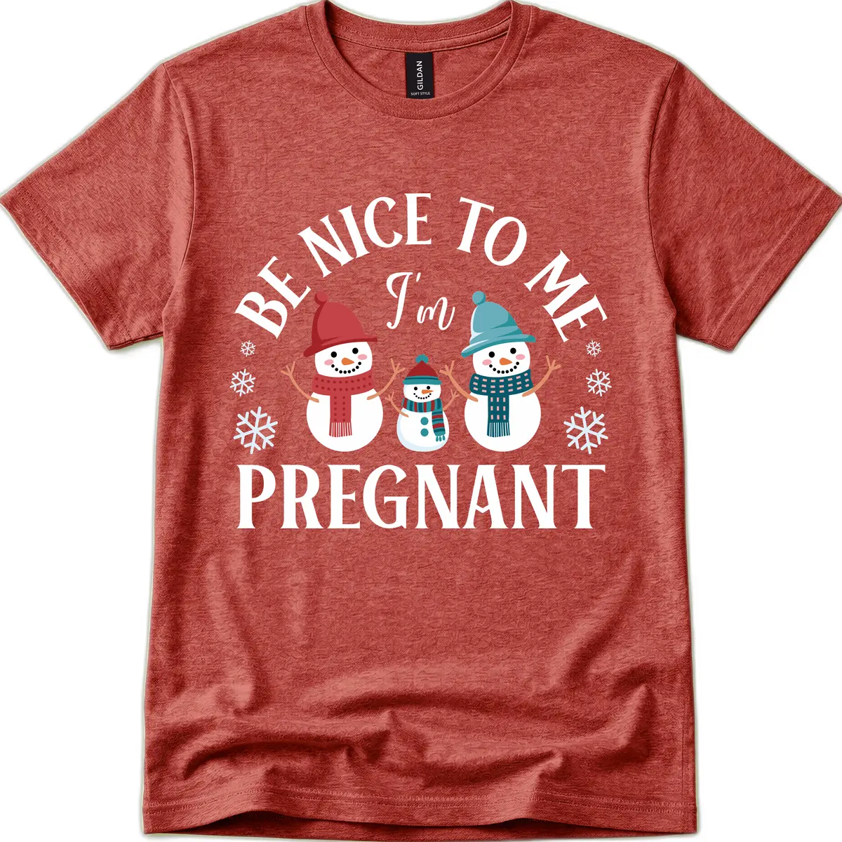 Be Nice To Me I'm Pregnant Snowman Family T-Shirt in Heather Cardinal