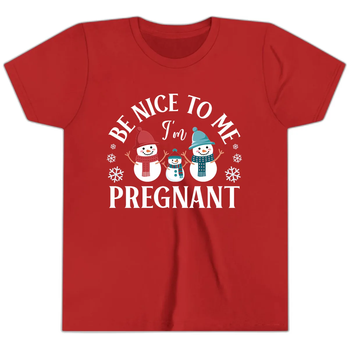 Be Nice To Me I'm Pregnant Snowman Family Youth T-Shirt in Red