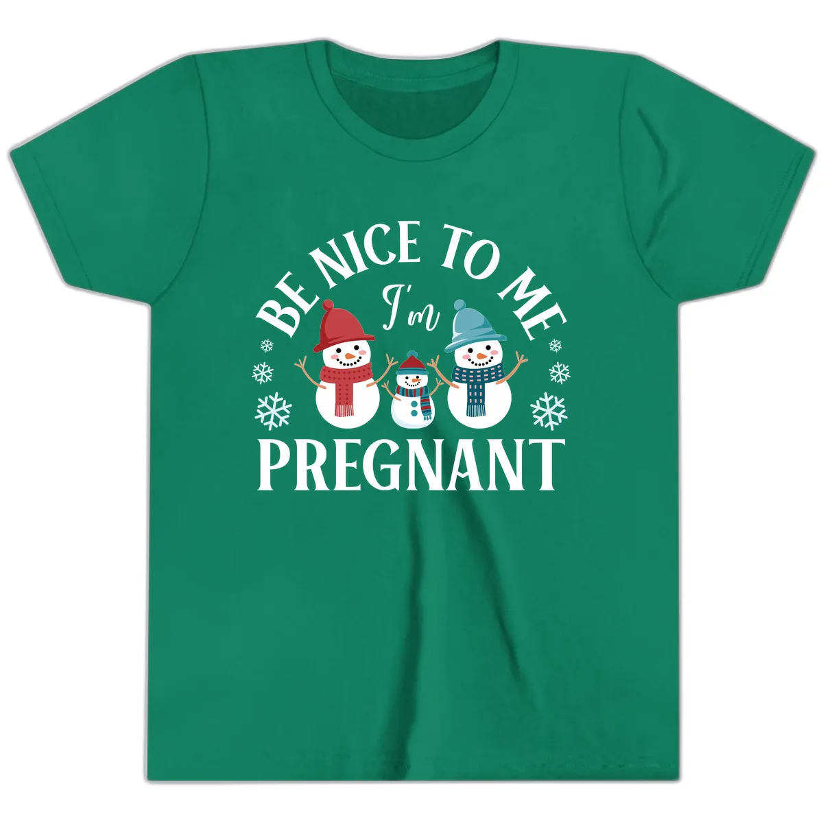 Be Nice To Me I'm Pregnant Snowman Family Youth T-Shirt in Kelly