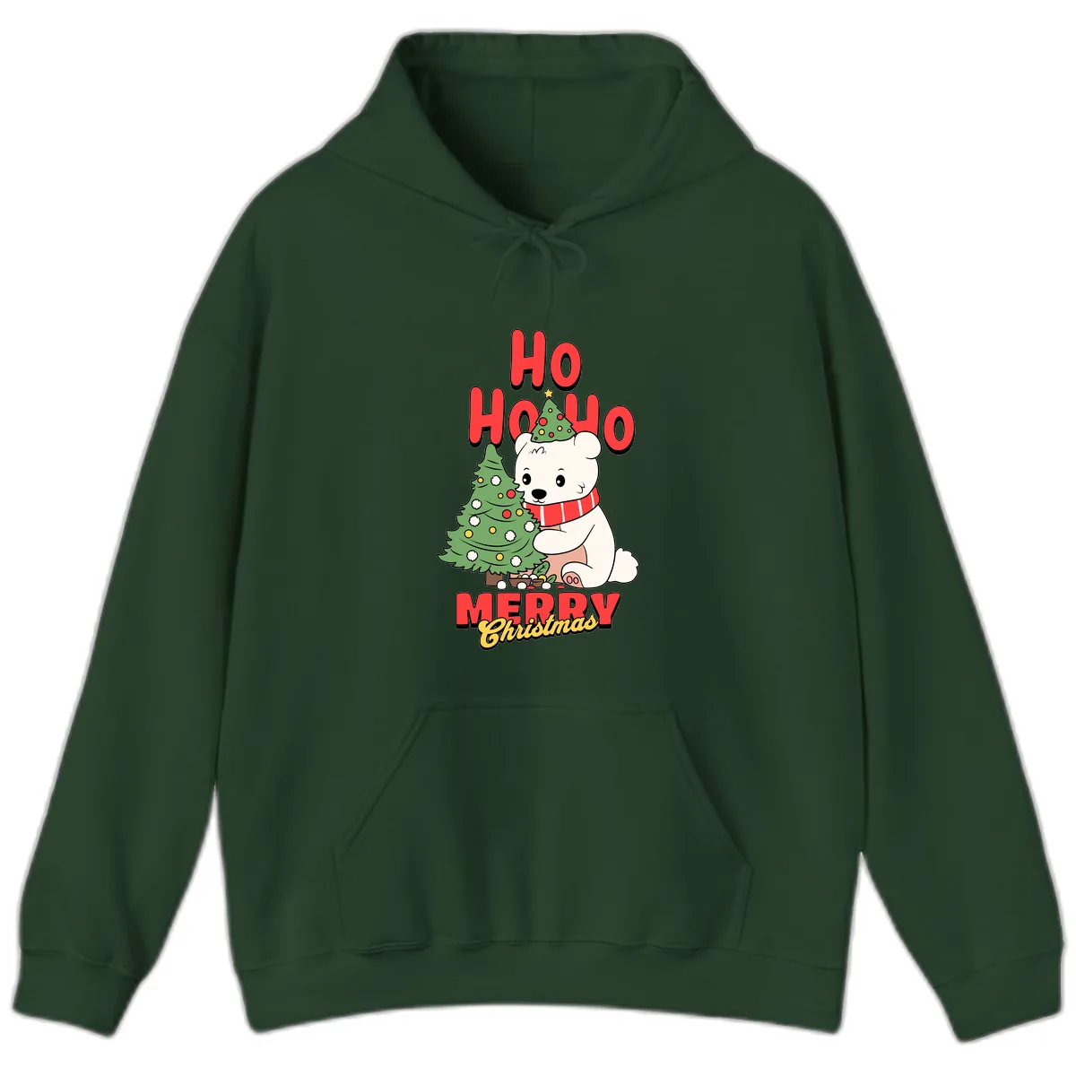 Polar Bear Ho Ho Ho Christmas Hoodie in Forest Green