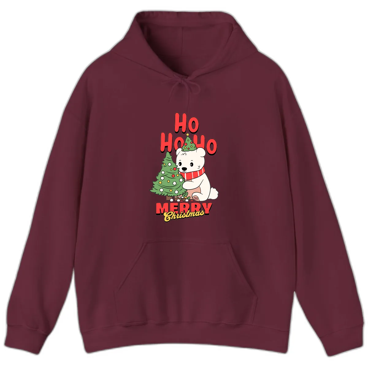 Polar Bear Ho Ho Ho Christmas Hoodie in Maroon