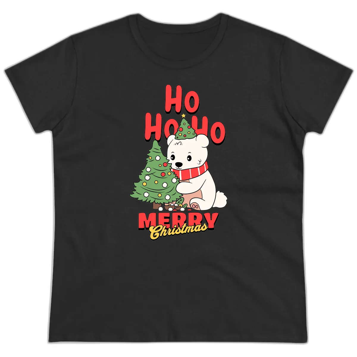 Polar Bear Ho Ho Ho Christmas Ladies Tee in Black