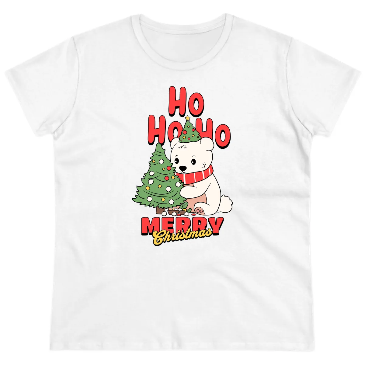 Polar Bear Ho Ho Ho Christmas Ladies Tee in White